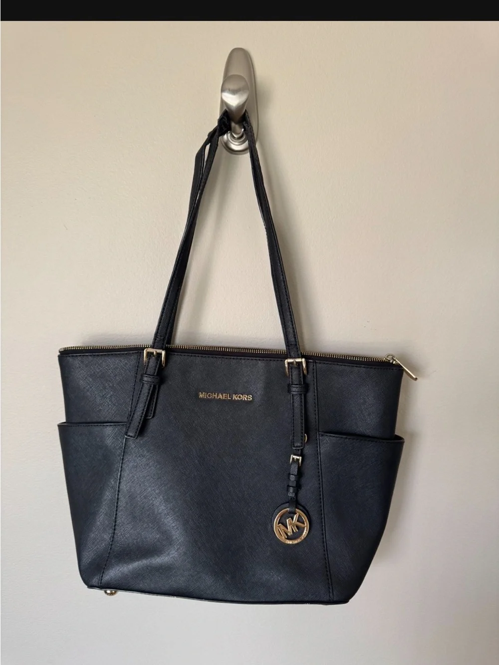 Michael Kors Black Saffiano Leather Tote with Gold Accents